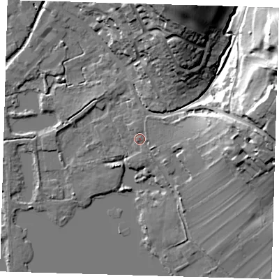 Shaded relief map of the ground around SG128HD, computed from Environment Agency LiDAR. The ground here sits at about 31 m above sea level and falls 32 m across the surrounding 800 m. Surface water reaching this point runs off ground lying to the east, 19.7 m higher.