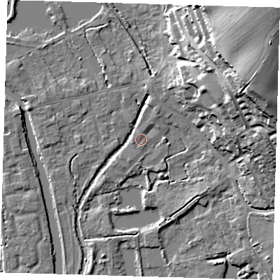 Shaded relief map of the ground around SG128HG, computed from Environment Agency LiDAR. The ground here sits at about 29 m above sea level and falls 34 m across the surrounding 800 m. Surface water reaching this point runs off ground lying to the west-south-west, 1.3 m higher.