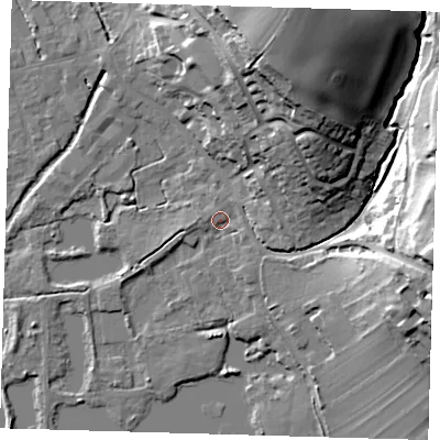 Shaded relief map of the ground around SG128HH, computed from Environment Agency LiDAR. The ground here sits at about 30 m above sea level and falls 33 m across the surrounding 800 m. Surface water reaching this point runs off ground lying to the north-north-east, 31.4 m higher.