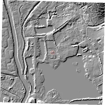 Shaded relief map of the ground around SG128HL, computed from Environment Agency LiDAR. The ground here sits at about 29 m above sea level and falls 18 m across the surrounding 800 m. Surface water reaching this point runs off ground lying to the west-south-west, 1.3 m higher.