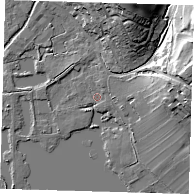 Shaded relief map of the ground around SG128HP, computed from Environment Agency LiDAR. The ground here sits at about 30 m above sea level and falls 31 m across the surrounding 800 m. Surface water reaching this point runs off ground lying to the east, 20.6 m higher.