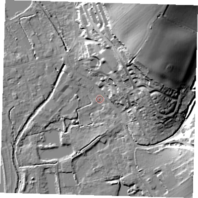 Shaded relief map of the ground around SG128HQ, computed from Environment Agency LiDAR. The ground here sits at about 30 m above sea level and falls 34 m across the surrounding 800 m. Surface water reaching this point runs off ground lying to the north-east, 31.3 m higher.
