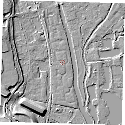 Shaded relief map of the ground around SG128JL, computed from Environment Agency LiDAR. The ground here sits at about 29 m above sea level and falls 11 m across the surrounding 800 m. Surface water reaching this point runs off ground lying to the north-east, 0.6 m higher.