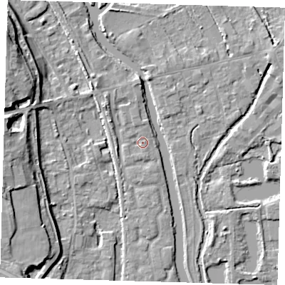 Shaded relief map of the ground around SG128JN, computed from Environment Agency LiDAR. The ground here sits at about 29 m above sea level and falls 12 m across the surrounding 800 m. Surface water reaching this point runs off ground lying to the south, 0.9 m higher.