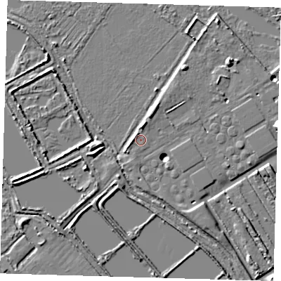 Shaded relief map of the ground around SG128JS, computed from Environment Agency LiDAR. The ground here sits at about 30 m above sea level and falls 10 m across the surrounding 800 m. Surface water reaching this point runs off ground lying to the west-north-west, 2.0 m higher.