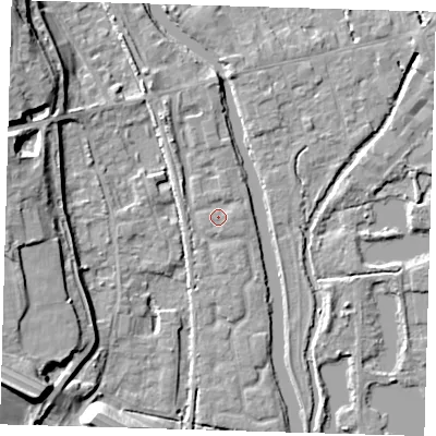 Shaded relief map of the ground around SG128JW, computed from Environment Agency LiDAR. The ground here sits at about 30 m above sea level and falls 12 m across the surrounding 800 m. Surface water reaching this point runs off ground lying to the east, 0.9 m higher.