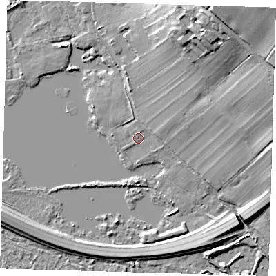 Shaded relief map of the ground around SG128JX, computed from Environment Agency LiDAR. The ground here sits at about 30 m above sea level and falls 31 m across the surrounding 800 m. Surface water reaching this point runs off ground lying to the north, 1.4 m higher.