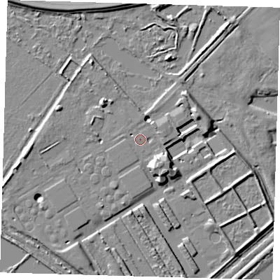 Shaded relief map of the ground around SG128JY, computed from Environment Agency LiDAR. The ground here sits at about 29 m above sea level and falls 13 m across the surrounding 800 m. Surface water reaching this point runs off ground lying to the south-east, 11.7 m higher.