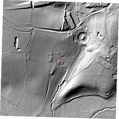 Shaded relief map of the ground around SG128LD, computed from Environment Agency LiDAR. The ground here sits at about 41 m above sea level and falls 30 m across the surrounding 800 m. Surface water reaching this point runs off ground lying to the north-west, 13.8 m higher.