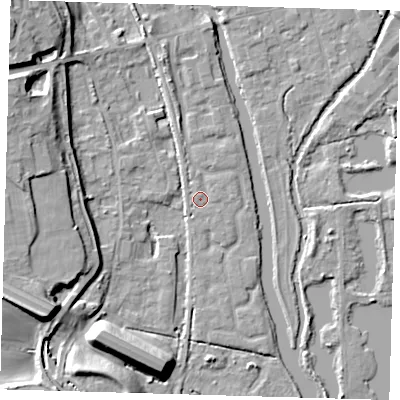 Shaded relief map of the ground around SG128LL, computed from Environment Agency LiDAR. The ground here sits at about 29 m above sea level and falls 12 m across the surrounding 800 m. Surface water reaching this point runs off ground lying to the east, 1.2 m higher.