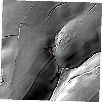 Shaded relief map of the ground around SG128LN, computed from Environment Agency LiDAR. The ground here sits at about 57 m above sea level and falls 26 m across the surrounding 800 m. Surface water reaching this point runs off ground lying to the north-north-west, 14.5 m higher.