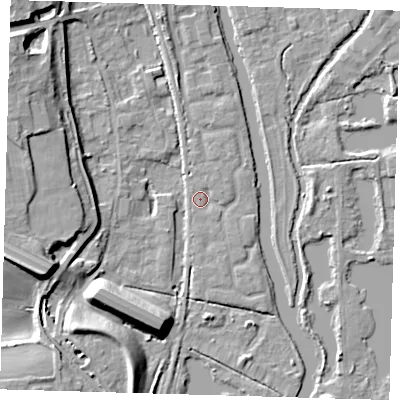 Shaded relief map of the ground around SG128LQ, computed from Environment Agency LiDAR. The ground here sits at about 29 m above sea level and falls 12 m across the surrounding 800 m. Surface water reaching this point runs off ground lying to the east-north-east, 0.9 m higher.