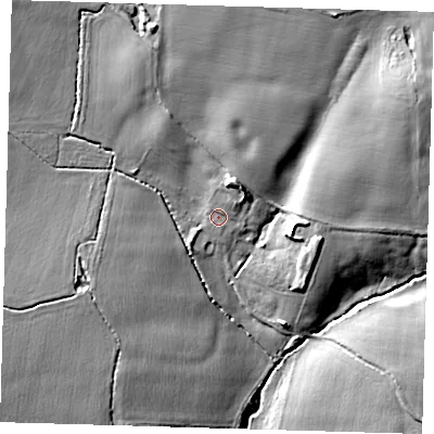 Shaded relief map of the ground around SG128QP, computed from Environment Agency LiDAR. The ground here sits at about 67 m above sea level and falls 17 m across the surrounding 800 m. Surface water reaching this point runs off ground lying to the north-east, 5.2 m higher.