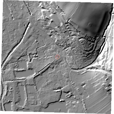 Shaded relief map of the ground around SG128QT, computed from Environment Agency LiDAR. The ground here sits at about 30 m above sea level and falls 34 m across the surrounding 800 m. Surface water reaching this point runs off ground lying to the north-east, 1.1 m higher.