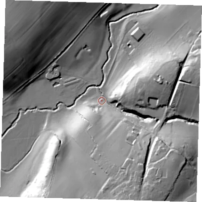 Shaded relief map of the ground around SG128SX, computed from Environment Agency LiDAR. The ground here sits at about 48 m above sea level and falls 35 m across the surrounding 800 m. Surface water reaching this point runs off ground lying to the south-south-east, 31.3 m higher.