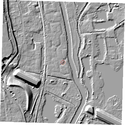 Shaded relief map of the ground around SG128TU, computed from Environment Agency LiDAR. The ground here sits at about 30 m above sea level and falls 11 m across the surrounding 800 m. Surface water reaching this point runs off ground lying to the south-west, 1.1 m higher.