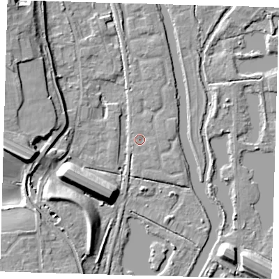 Shaded relief map of the ground around SG128TX, computed from Environment Agency LiDAR. The ground here sits at about 29 m above sea level and falls 12 m across the surrounding 800 m. Surface water reaching this point runs off ground lying to the south-south-east, 0.7 m higher.