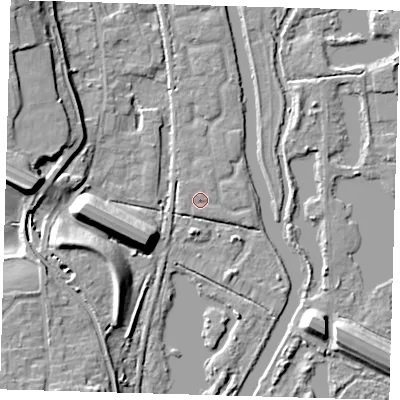 Shaded relief map of the ground around SG128TY, computed from Environment Agency LiDAR. The ground here sits at about 30 m above sea level and falls 11 m across the surrounding 800 m. Surface water reaching this point runs off ground lying to the west-south-west, 0.5 m higher.