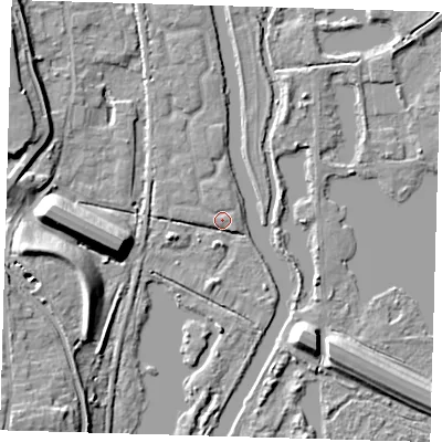 Shaded relief map of the ground around SG128TZ, computed from Environment Agency LiDAR. The ground here sits at about 29 m above sea level and falls 11 m across the surrounding 800 m. Surface water reaching this point runs off ground lying to the west, 10.2 m higher.