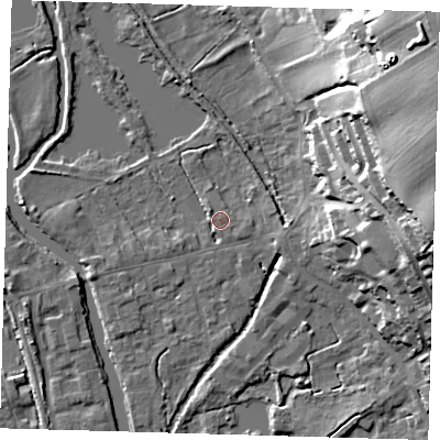 Shaded relief map of the ground around SG128UZ, computed from Environment Agency LiDAR. The ground here sits at about 30 m above sea level and falls 33 m across the surrounding 800 m. Surface water reaching this point runs off ground lying to the east-north-east, 1.7 m higher.