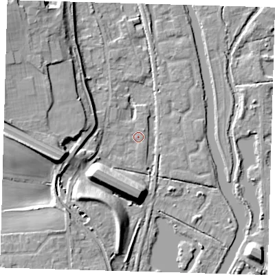 Shaded relief map of the ground around SG128XH, computed from Environment Agency LiDAR. The ground here sits at about 29 m above sea level and falls 13 m across the surrounding 800 m. Surface water reaching this point runs off ground lying to the south-west, 9.3 m higher.