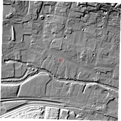 Shaded relief map of the ground around SG129AD, computed from Environment Agency LiDAR. The ground here sits at about 34 m above sea level and falls 18 m across the surrounding 800 m. Surface water reaching this point runs off ground lying to the north, 3.1 m higher.