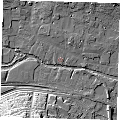 Shaded relief map of the ground around SG129AE, computed from Environment Agency LiDAR. The ground here sits at about 34 m above sea level and falls 28 m across the surrounding 800 m. Surface water reaching this point runs off ground lying to the north-north-west, 3.8 m higher.