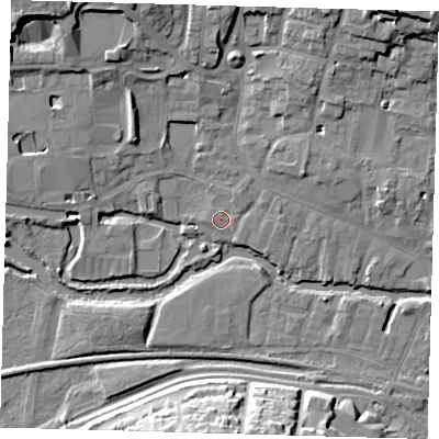 Shaded relief map of the ground around SG129AL, computed from Environment Agency LiDAR. The ground here sits at about 34 m above sea level and falls 16 m across the surrounding 800 m. Surface water reaching this point runs off ground lying to the north-east, 6.4 m higher.