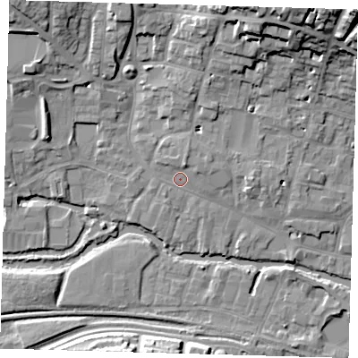 Shaded relief map of the ground around SG129AP, computed from Environment Agency LiDAR. The ground here sits at about 35 m above sea level and falls 23 m across the surrounding 800 m. Surface water reaching this point runs off ground lying to the north-north-east, 3.0 m higher.