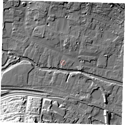 Shaded relief map of the ground around SG129AR, computed from Environment Agency LiDAR. The ground here sits at about 34 m above sea level and falls 28 m across the surrounding 800 m. Surface water reaching this point runs off ground lying to the east-north-east, 1.3 m higher.