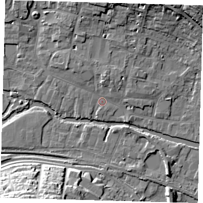 Shaded relief map of the ground around SG129BA, computed from Environment Agency LiDAR. The ground here sits at about 34 m above sea level and falls 22 m across the surrounding 800 m. Surface water reaching this point runs off ground lying to the north, 3.8 m higher.