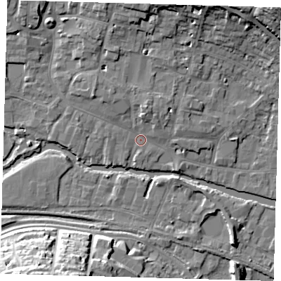 Shaded relief map of the ground around SG129BD, computed from Environment Agency LiDAR. The ground here sits at about 34 m above sea level and falls 22 m across the surrounding 800 m. Surface water reaching this point runs off ground lying to the north, 3.8 m higher.