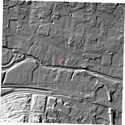 Shaded relief map of the ground around SG129BF, computed from Environment Agency LiDAR. The ground here sits at about 34 m above sea level and falls 30 m across the surrounding 800 m. Surface water reaching this point runs off ground lying to the north-north-west, 3.7 m higher.