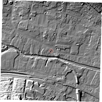 Shaded relief map of the ground around SG129BP, computed from Environment Agency LiDAR. The ground here sits at about 34 m above sea level and falls 29 m across the surrounding 800 m. Surface water reaching this point runs off ground lying to the north-north-west, 4.5 m higher.