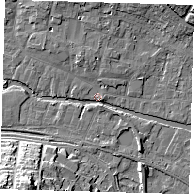 Shaded relief map of the ground around SG129BS, computed from Environment Agency LiDAR. The ground here sits at about 34 m above sea level and falls 32 m across the surrounding 800 m. Surface water reaching this point runs off ground lying to the south-south-east, 3.5 m higher.