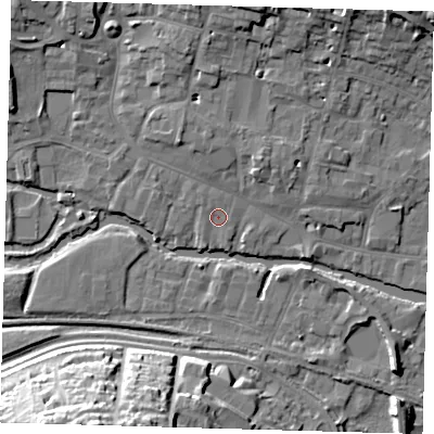 Shaded relief map of the ground around SG129BW, computed from Environment Agency LiDAR. The ground here sits at about 34 m above sea level and falls 24 m across the surrounding 800 m. Surface water reaching this point runs off ground lying to the north-north-west, 3.7 m higher.