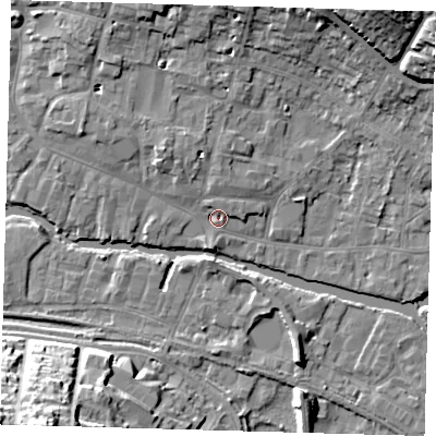 Shaded relief map of the ground around SG129BX, computed from Environment Agency LiDAR. The ground here sits at about 34 m above sea level and falls 26 m across the surrounding 800 m. Surface water reaching this point runs off ground lying to the north, 2.8 m higher.