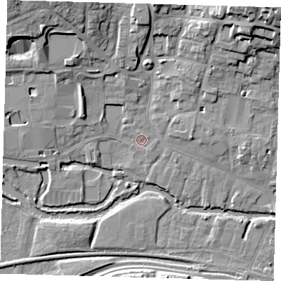 Shaded relief map of the ground around SG129DB, computed from Environment Agency LiDAR. The ground here sits at about 34 m above sea level and falls 21 m across the surrounding 800 m. Surface water reaching this point runs off ground lying to the north-east, 17.0 m higher.