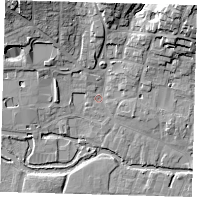 Shaded relief map of the ground around SG129DH, computed from Environment Agency LiDAR. The ground here sits at about 35 m above sea level and falls 25 m across the surrounding 800 m. Surface water reaching this point runs off ground lying to the north-east, 21.8 m higher.