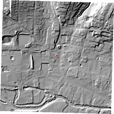 Shaded relief map of the ground around SG129DN, computed from Environment Agency LiDAR. The ground here sits at about 36 m above sea level and falls 26 m across the surrounding 800 m. Surface water reaching this point runs off ground lying to the north-east, 23.1 m higher.