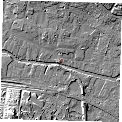 Shaded relief map of the ground around SG129DW, computed from Environment Agency LiDAR. The ground here sits at about 34 m above sea level and falls 31 m across the surrounding 800 m. Surface water reaching this point runs off ground lying to the south-south-west, 3.4 m higher.