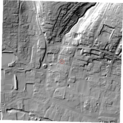 Shaded relief map of the ground around SG129DX, computed from Environment Agency LiDAR. The ground here sits at about 38 m above sea level and falls 31 m across the surrounding 800 m. Surface water reaching this point runs off ground lying to the north-east, 24.4 m higher.