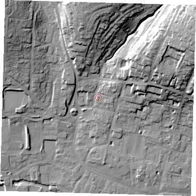 Shaded relief map of the ground around SG129DY, computed from Environment Agency LiDAR. The ground here sits at about 39 m above sea level and falls 30 m across the surrounding 800 m. Surface water reaching this point runs off ground lying to the north-east, 24.4 m higher.