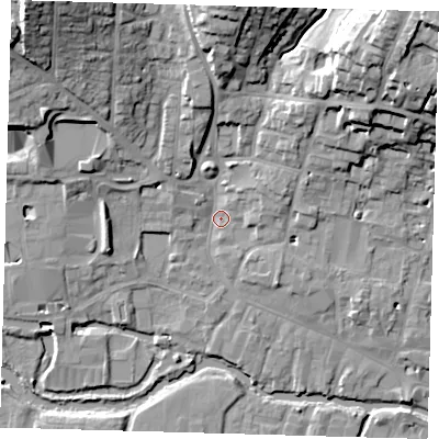 Shaded relief map of the ground around SG129DZ, computed from Environment Agency LiDAR. The ground here sits at about 35 m above sea level and falls 27 m across the surrounding 800 m. Surface water reaching this point runs off ground lying to the north-east, 24.3 m higher.