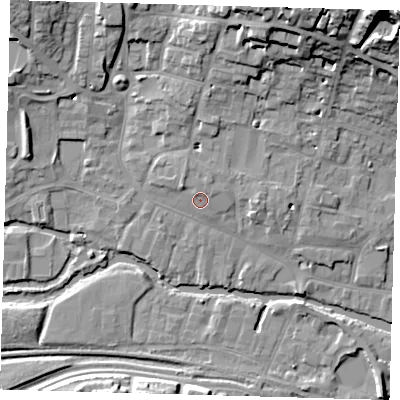 Shaded relief map of the ground around SG129EE, computed from Environment Agency LiDAR. The ground here sits at about 36 m above sea level and falls 24 m across the surrounding 800 m. Surface water reaching this point runs off ground lying to the north-north-east, 1.2 m higher.