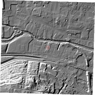 Shaded relief map of the ground around SG129EJ, computed from Environment Agency LiDAR. The ground here sits at about 34 m above sea level and falls 36 m across the surrounding 800 m. Surface water reaching this point runs off ground lying to the north-east, 1.4 m higher.