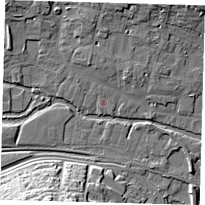 Shaded relief map of the ground around SG129FA, computed from Environment Agency LiDAR. The ground here sits at about 34 m above sea level and falls 26 m across the surrounding 800 m. Surface water reaching this point runs off ground lying to the north-north-west, 3.7 m higher.