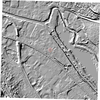Shaded relief map of the ground around SG129FD, computed from Environment Agency LiDAR. The ground here sits at about 33 m above sea level and falls 30 m across the surrounding 800 m. Surface water reaching this point runs off ground lying to the west-south-west, 0.6 m higher.