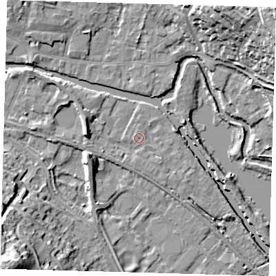 Shaded relief map of the ground around SG129FE, computed from Environment Agency LiDAR. The ground here sits at about 33 m above sea level and falls 32 m across the surrounding 800 m. Surface water reaching this point runs off ground lying to the north, 0.7 m higher.