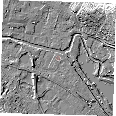Shaded relief map of the ground around SG129FF, computed from Environment Agency LiDAR. The ground here sits at about 33 m above sea level and falls 28 m across the surrounding 800 m. Surface water reaching this point runs off ground lying to the south-south-west, 0.9 m higher.